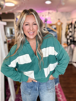 Block Striped Collar V-neck Sweatshirt- Hunter Green