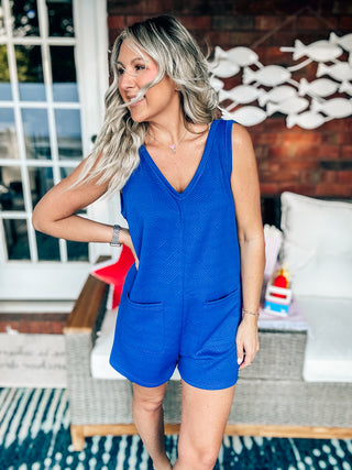 Easy Going Blue Textured Overall Romper