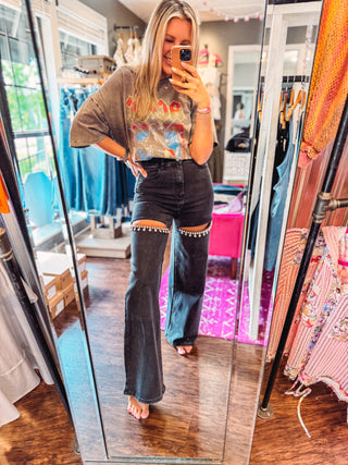 Here To Shine Rhinestone Slit Wide Leg Jeans