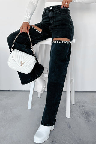 Here To Shine Rhinestone Slit Wide Leg Jeans