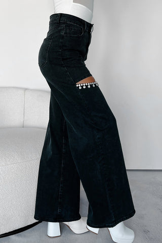 Here To Shine Rhinestone Slit Wide Leg Jeans