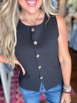 Effortless Style Button Front Sleeveless Knit Top - Black