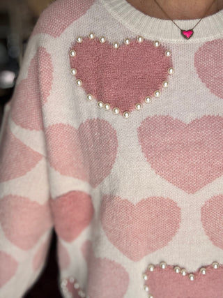 Pink Heart Pattern Pearl Embellished Sweater