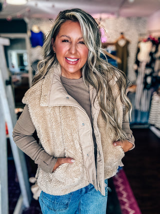 Cozy Mock Neck Sherpa Vest Jacket - Beige