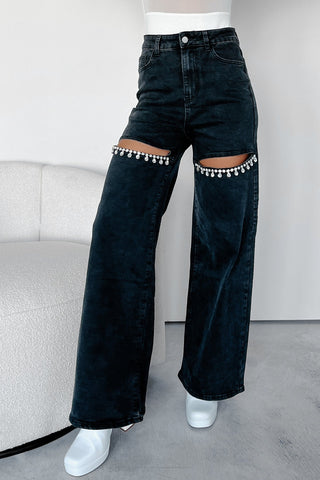 Here To Shine Rhinestone Slit Wide Leg Jeans