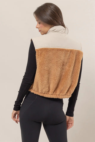 Fall Ready Taupe Faux Shearling Half Zip Vest