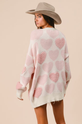 Pink Heart Pattern Pearl Embellished Sweater
