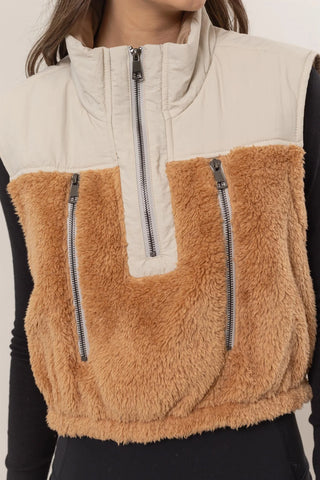 Fall Ready Taupe Faux Shearling Half Zip Vest