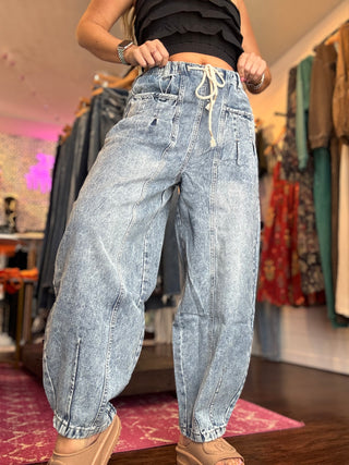 Washed Denim Barrel Leg Pants