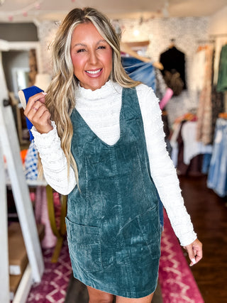 Uptown Chic Corduroy Overall Mini Dress - Hunter Green