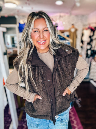 Cozy Mock Neck Sherpa Vest Jacket - Brown