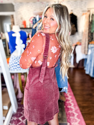 Uptown Chic Corduroy Overall Mini Dress - Raspberry