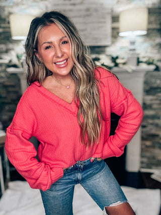 Casual Comfy Coral Soft V-Neck Knit Top