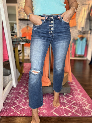 Risen High Button Down Dark Ankle Straight Denim