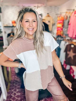 Check Mate Ivory Taupe Colorblock Ribbed Top