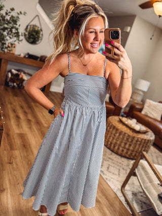 A Charming Striped Midi Dress-Navy
