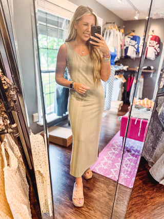 Twist Strap Twofer Tank MIDI Dress -Cream Olive