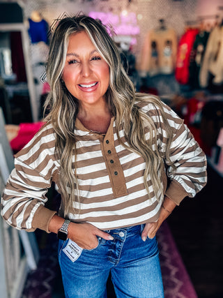 Oversized Striped Half Button Down Top-Taupe/Cream