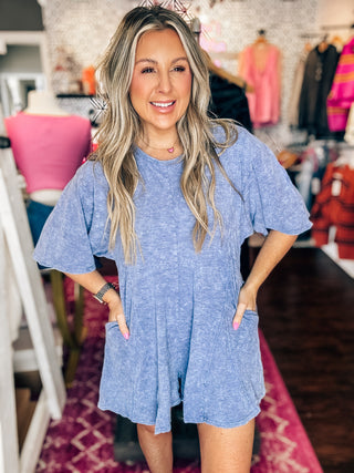 Mineral Washed Oversized Blue Knit Comfy Romper