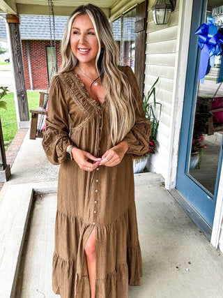 Love Abounds Button-up Balloon-Sleeve Maxi Dress - Chocolate