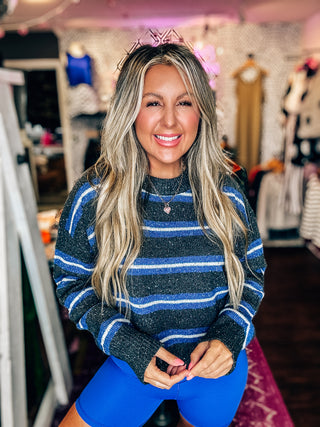 Striped Crew Neck Cozy Sweater -Charcoal