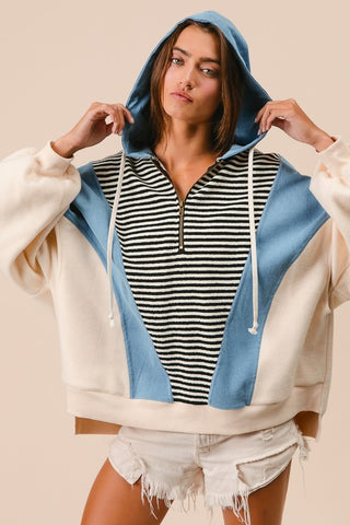 Off White Stripe and Denim Hoodie Top