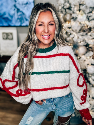 Oversized Knit Bow Detailed Sweater Ivory/Red/Green