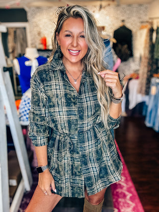 Personal Day Plaid Flannel Belted Shirt Romper -  Midnight