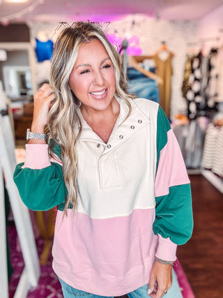 Color Block Snap Button Pullover- Green/Pink