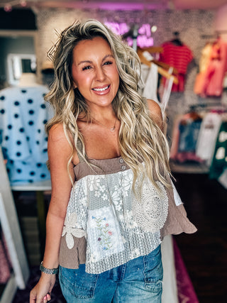 POL Sunset Patch Flirty Babydoll Top-Chocolate Stripe