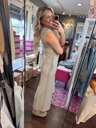 Striped Knit Button Down Jumpsuit-Oatmeal