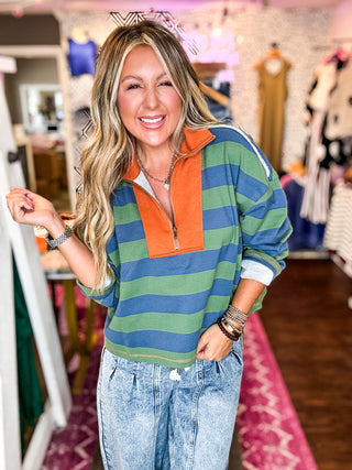 Striped Quarter Zip Collar Sweatshirt - Green/Blue