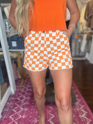 Stay Tuned Orange Checkered Shorts
