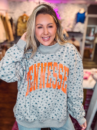 ‘TENNESSEE & TN' Reversible Mock Neck Floral Print Sweatshirt-Grey