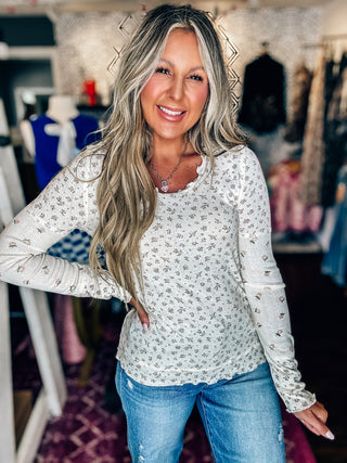 Blush Floral Printed Lettuce Hem Fitted Knit Top