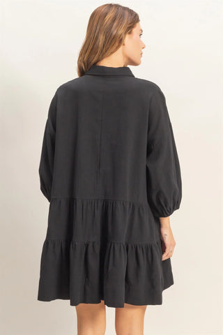 Tiered Button-Up Shirt Dress-Black