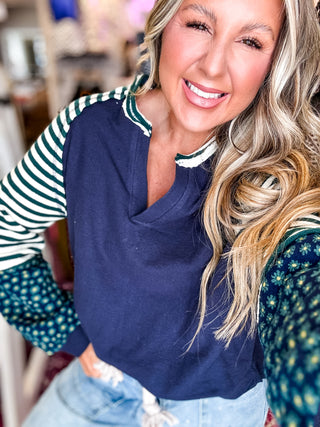 Oversized Floral & Stripe Casual Knit Top - Hunter Green