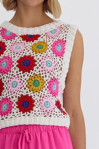 Floral Crochet Ivory Knit Sleeveless Top