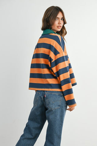 Striped Quarter Zip Collar Sweatshirt - Navy/Camel