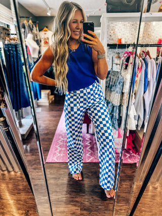 High Rise Wide Leg Checkerboard Pant Royal Blue