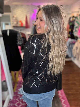 So Sparkly Black Sequin Diamond Pattern Sweater