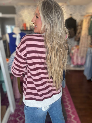 Give Me Comfort Wine/Pink Stripe Sweatshirt