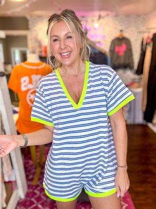 Meet Me By The Pool Royal Blue Neon Yellow Romper