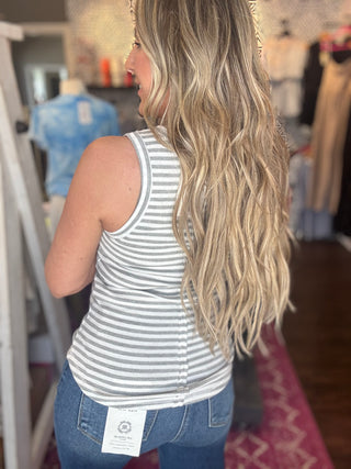 Striped Grey/White Button Down Fitted Knit Tank Top