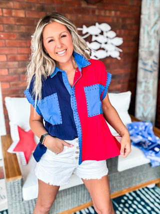 Patriotic Girl Red and Blue Colorblock Rhinestone Top