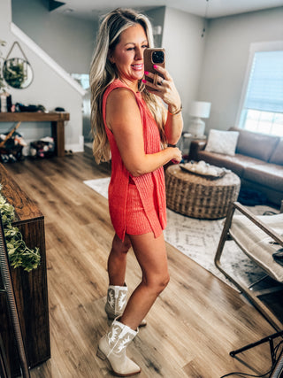 Knit Sweater Comfy Top & Shorts Set-Coral