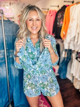 Have To Have It Blue/Green Floral Chiffon Button Down Romper Dress