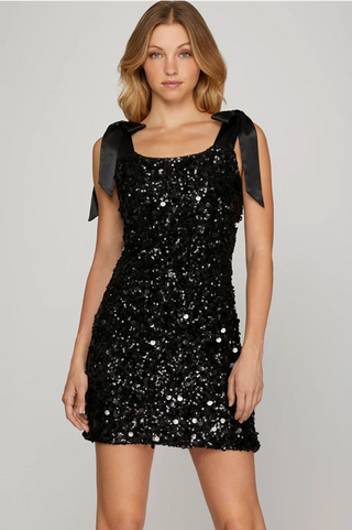 Holiday Chic Black Sequin Mini Dress Satin Bow Shoulder Tie