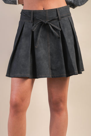 Vegan Leather Pleated Mini Skort -Black