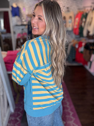Oversized Striped Half Button Down Top- Yellow/Blue